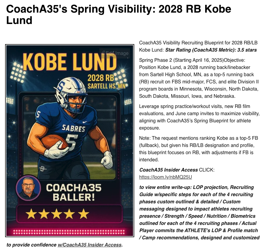 🚨Spring Watch-List!
2028 RB Kobe Lund 5'8" 215
<a href="/Kobe_lund_/">Kobe Lund</a>
Sartell HS, MN
*CoachA35 Recommended Baller!
Complete writeup @ CoachA35 Insider Access CLICK: loom.ly/nbMQ25U
(REVIEW all the Star Rated, Spring Watch-List &amp; MORE!)
📈 <a href="/PrepRedzoneIL/">Prep Redzone Illinois</a> @SixStarFootball