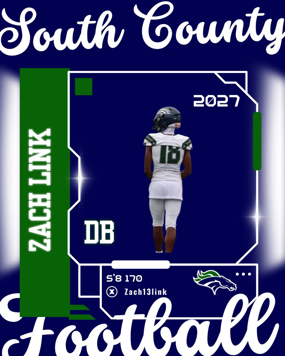 🟢South County Player Spotlight 🔵<a href="/SoCoFootball/">Stallion Football</a>
Name:  Zach Link
Position: DB
Year: C/O 2027
Size:  5’8 170
GPA:  3.0
X:@Zach13Link
Hudl: hudl.com/video/3/191791…