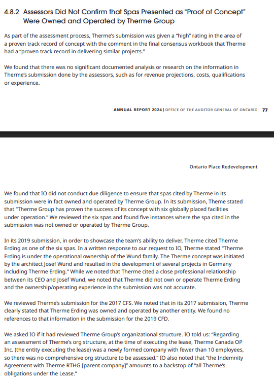 While the Ford government sounded surprised by the NYT story into Therme Group, provincial officials should have been well aware. 

In December 2024, Ontario Auditor General uncovered the same thing:

- Therme boasted of "six globally placed facilities under operation."
- The AG
