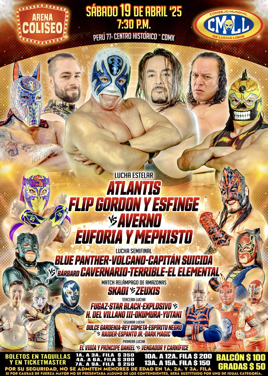 CMLL_OFICIAL's tweet photo. 🔜
📍Arena Coliseo
🗓️ Sábado 19 de Abril '25
🕢 7:30 p.m.

🎟️ Boletos en taquillas y en Ticketmaster:
https://t.co/erfvTBjX9G

📺 Transmisión EN VIVO en exclusiva para miembros ‘Leyenda’ del Canal https://t.co/5P6Lo6oSLQ ¡Únete ahora!

#SábadoDeColiseo https://t.co/G5ZRB8b4Jw