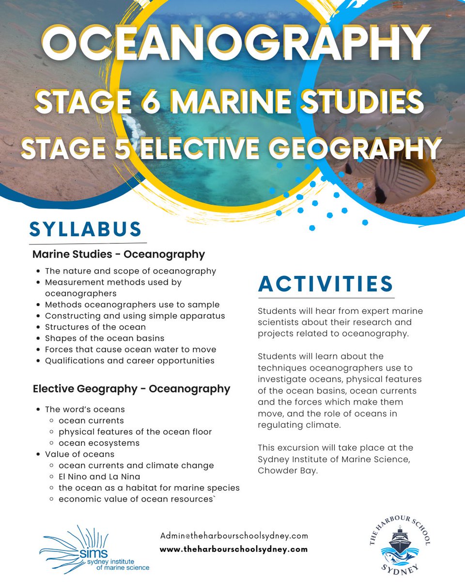 The Harbour School Sydney (@harbour_sch_syd) on Twitter photo The Oceanography excursion is designed for Stage 6 Marine Studies or Stage 5 Elective Geography. Students will learn about the techniques oceanographers use to investigate oceans, physical features of ocean basins and the forces that move ocean currents.
<a href="/SIMS_Australia/">Sydney Institute of Marine Science</a> The Oceanography excursion is designed for Stage 6 Marine Studies or Stage 5 Elective Geography. Students will learn about the techniques oceanographers use to investigate oceans, physical features of ocean basins and the forces that move ocean currents.
<a href="/SIMS_Australia/">Sydney Institute of Marine Science</a>