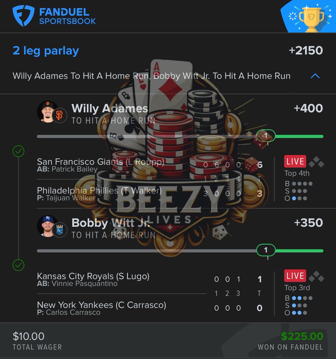 BeezyLives's tweet photo. Over the past week @BeezyLives has caught these HR Plays. Next goal is to catch a 3-4 Leg HR Play cuz he’a always cooking up!! Make sure to follow him for his next plays!! #mlb #GamblingCommunity #GamblingX #GamblingTwitter #sports #SportsGambling #SportsBettingX #fanduel #viral #share #fyp #ParlayPlay