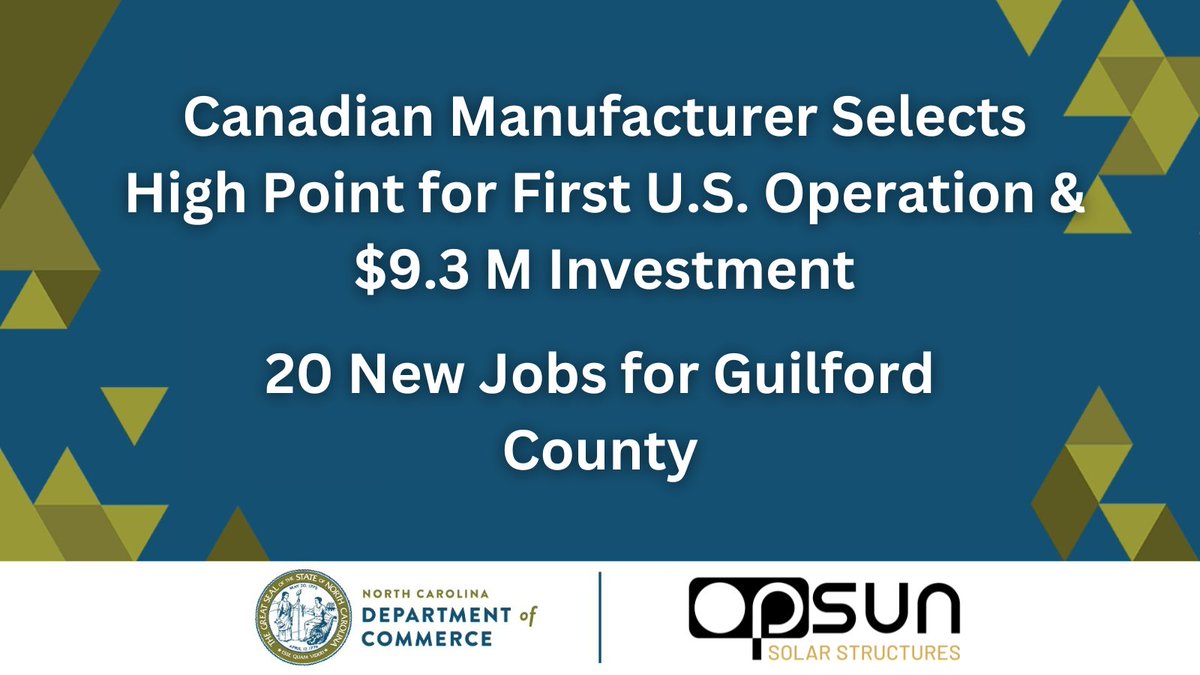 N.C. Commerce (@nccommerce) on Twitter photo .<a href="/NC_Governor/">Governor Josh Stein</a> just announced Canadian solar panel structures manufacturer, <a href="/OpsunSolar/">Opsun Systems</a>, will open its first US facility in NC! The company will create 20 new jobs in <a href="/GuilfordCounty/">Guilford County</a>, while investing $9.3M in <a href="/CityofHighPoint/">City of High Point</a>. More: tinyurl.com/27jpjkrz #EconDev #Mfg #FDI .<a href="/NC_Governor/">Governor Josh Stein</a> just announced Canadian solar panel structures manufacturer, <a href="/OpsunSolar/">Opsun Systems</a>, will open its first US facility in NC! The company will create 20 new jobs in <a href="/GuilfordCounty/">Guilford County</a>, while investing $9.3M in <a href="/CityofHighPoint/">City of High Point</a>. More: tinyurl.com/27jpjkrz #EconDev #Mfg #FDI