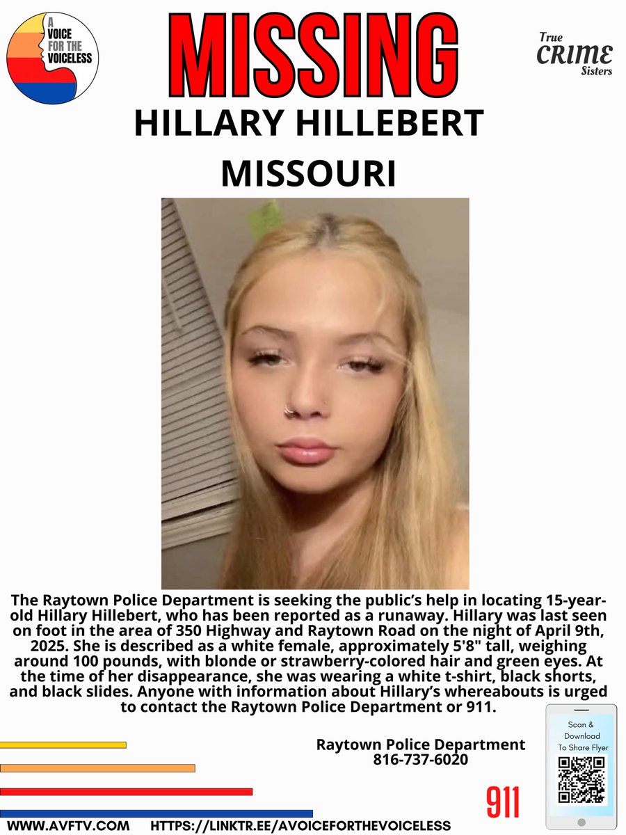 AwarenessTCS's tweet photo. 🚨 MISSING TEEN ALERT – PLEASE SHARE 🚨

15-year-old Hillary Hillebert has been reported missing from Raytown, Missouri. She was last seen on foot near 350 Highway and Raytown Road on the night of April 9, 2025. ￼ ￼

Description:
 • Age: 15
 • Height: 5’8”
 • Weight: Approximately 100 lbs
 • Hair: Blonde/Strawberry
 • Eyes: Green
 • Last seen wearing: White hoodie, black leggings, and white tennis shoes ￼

If you have any information about Hillary’s whereabouts, please contact the Raytown Police Department at 816-737-6020. ￼

Every share could bring Hillary home. Let’s work together to spread the word.