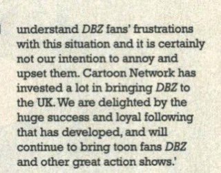 UKDB's tweet photo. Cartoon Network UK in August 2001 confirm they couldn't air the Funimation Dub of DBZ past ep 107 because of ITC/Ofcom Guidelines. This is from Cable Guide UK (Aug 2001), and the CN UK website.
Source: https://t.co/GvsoPezgQQ https://t.co/lGOzrkHGtZ