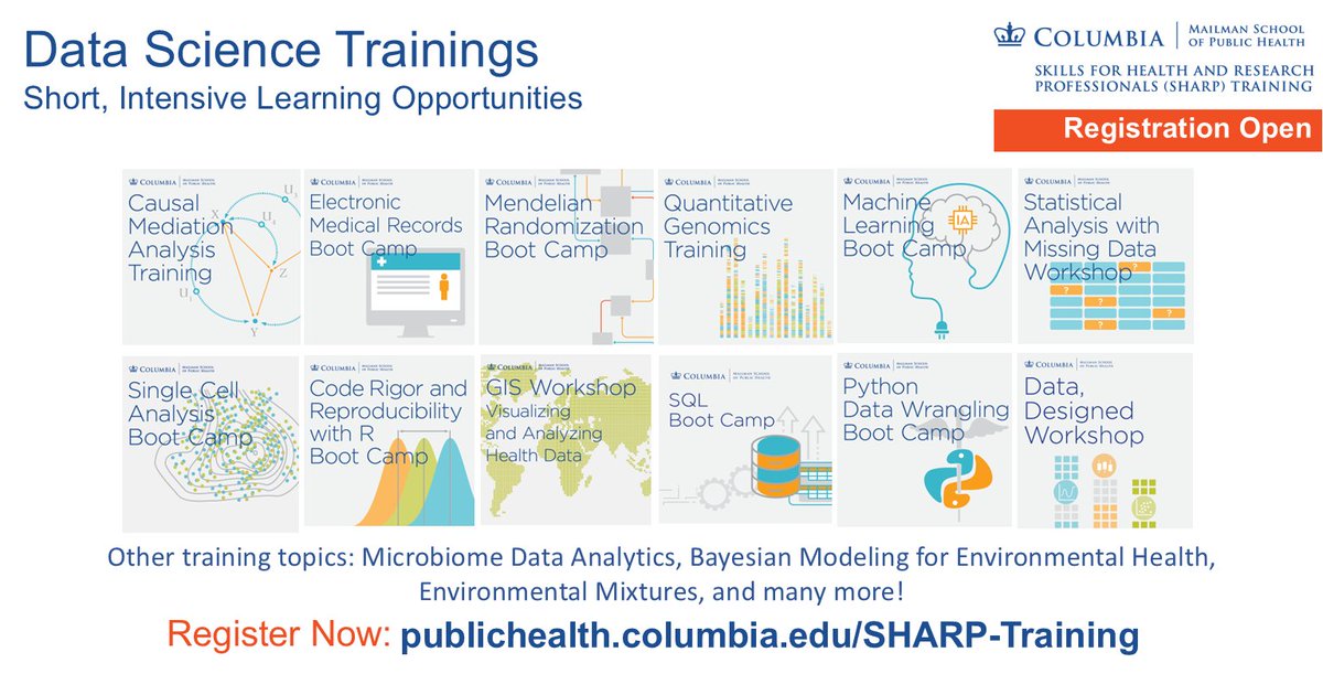 The Data Science Institute at Columbia University (@datascicolumbia) on Twitter photo Sharpen your #DataScience skills! 🤖 #SHARP trainings are led by field experts and take place virtually or at <a href="/ColumbiaMSPH/">ColumbiaPublicHealth</a>. Investigators at all career stages, from any organization are welcome.
Register ➡️ publichealth.columbia.edu/SHARP-Training Sharpen your #DataScience skills! 🤖 #SHARP trainings are led by field experts and take place virtually or at <a href="/ColumbiaMSPH/">ColumbiaPublicHealth</a>. Investigators at all career stages, from any organization are welcome.
Register ➡️ publichealth.columbia.edu/SHARP-Training