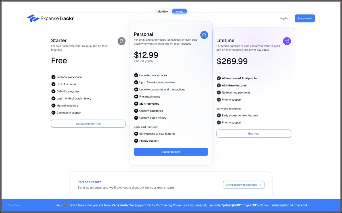 We now offer Purchase Power Parity deals thanks to <a href="/paritydeals/">Paritydeals</a> 🎉

Go to expensetrackr.app and grab your license with a discount based on your country

PSA: we just adjusted our pricing to be more affordable