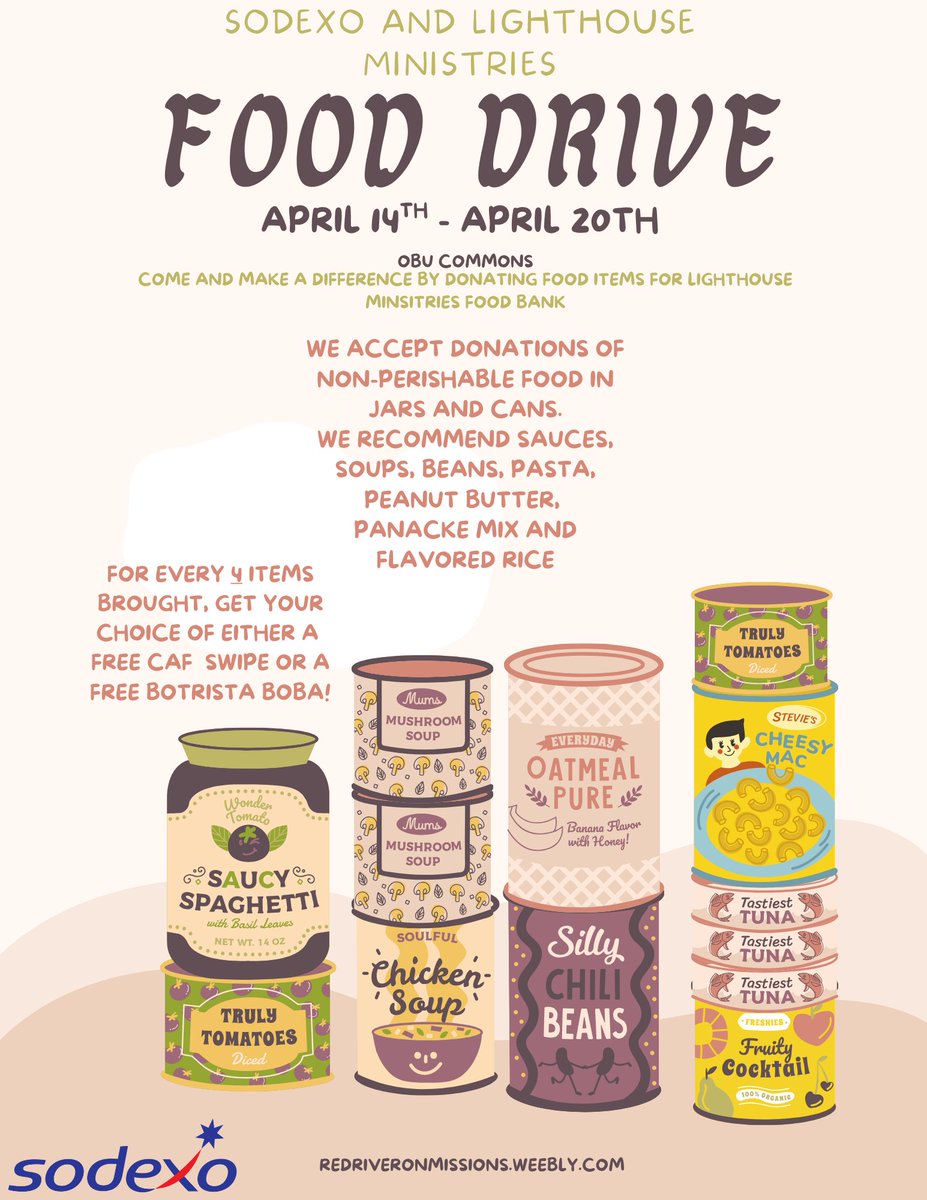 The end of the semester and move-out is near. Don't throw away your canned goods and non-perishable foods! DONATE them! 
Bring 4 items to the donation table in the Commons to get a FREE swipe into the caf or a FREE Botrista drink!