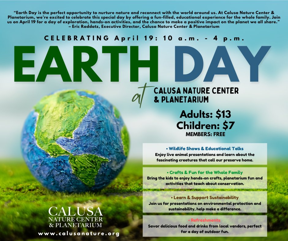 🌎 Come party with the planet!
It’s our Earth Day Birthday Bash THIS SATURDAY 🎉
🐍 Animal talks, 🎶 live music, 🌌 planetarium shows, 🍻 brews &amp; more
Bring the fam, bring your love for Earth 💚
🎟️ calusanature.org/so/bdPO-yOWN?l…