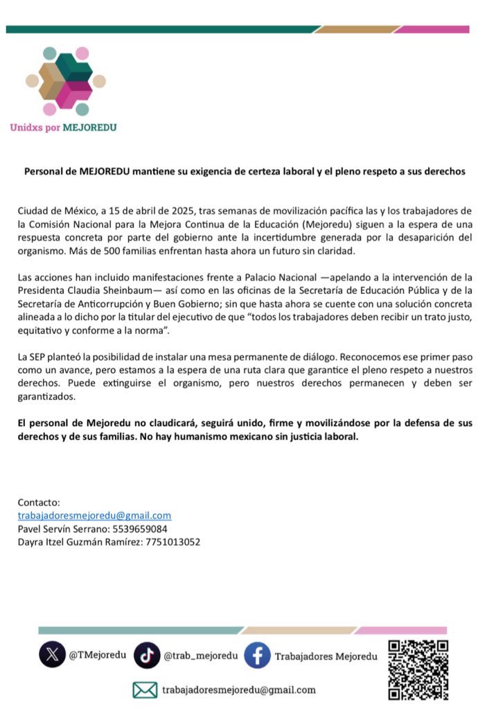 TMejoredu's tweet photo. 📣 #Entérate Comunicado de Trabajadores de #Mejoredu a la prensa y opinión pública.

¿Cómo vamos? ¿Qué sigue?⁉️

Aunque ha habido diálogos, todavía no hay una ruta clara que garantice el cumplimiento de nuestros derechos. ⤵️

#CertezaLaboral
#SeguimosLuchando https://t.co/JrJH6YR5SF