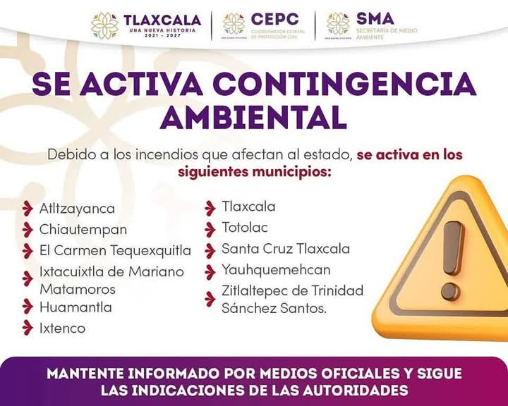 🚨 ATENTO AVISO

🚒 Derivado de las condiciones meteorológicas e incendios registrados en la entidad, la SMA ha declarado contingencia ambiental, por lo que se suspenden actividades, eventos, concentraciones y espectáculos masivos en los municipios afectados.