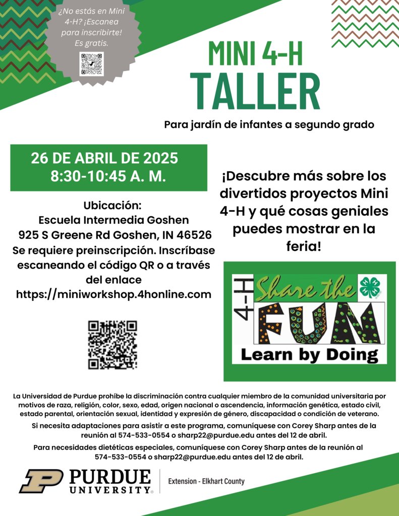 4-H is look forward to working with your kindergarten - 2nd grade students and deepening their learning experiences!  They are offering a Mini 4-H workshop on Saturday, April 26, 2025 from 8:30-10:45 at Goshen Intermediate School! More information below. #ConcordPride