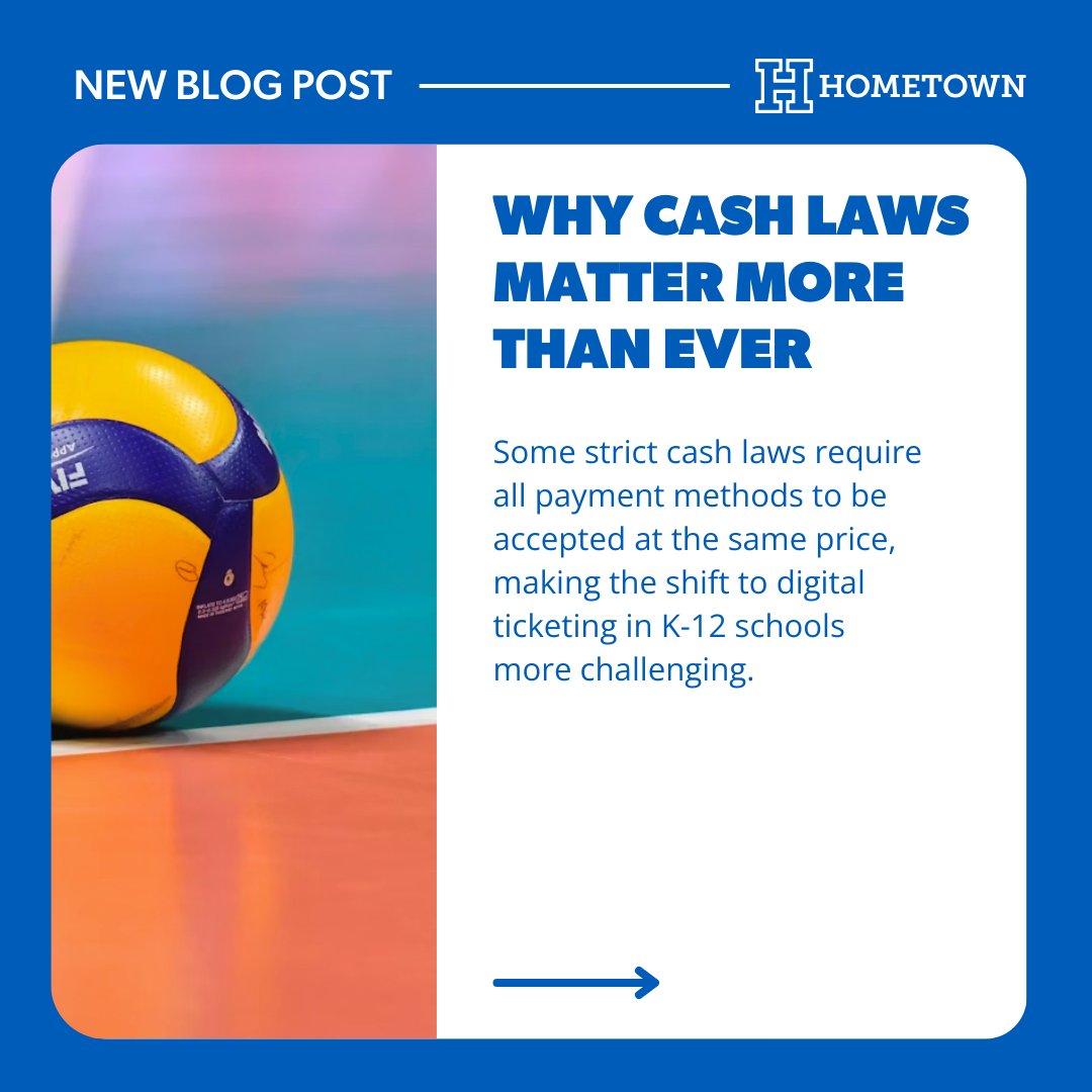 meethometown's tweet photo. Schools face challenges balancing new cash laws and modernization. 💡 Hometown helps with hybrid payments &amp; digital ticketing to simplify events &amp; stay compliant! 🏫🎟 Learn more: https://t.co/GuBySOKTA8 https://t.co/DuVXyeDXXz