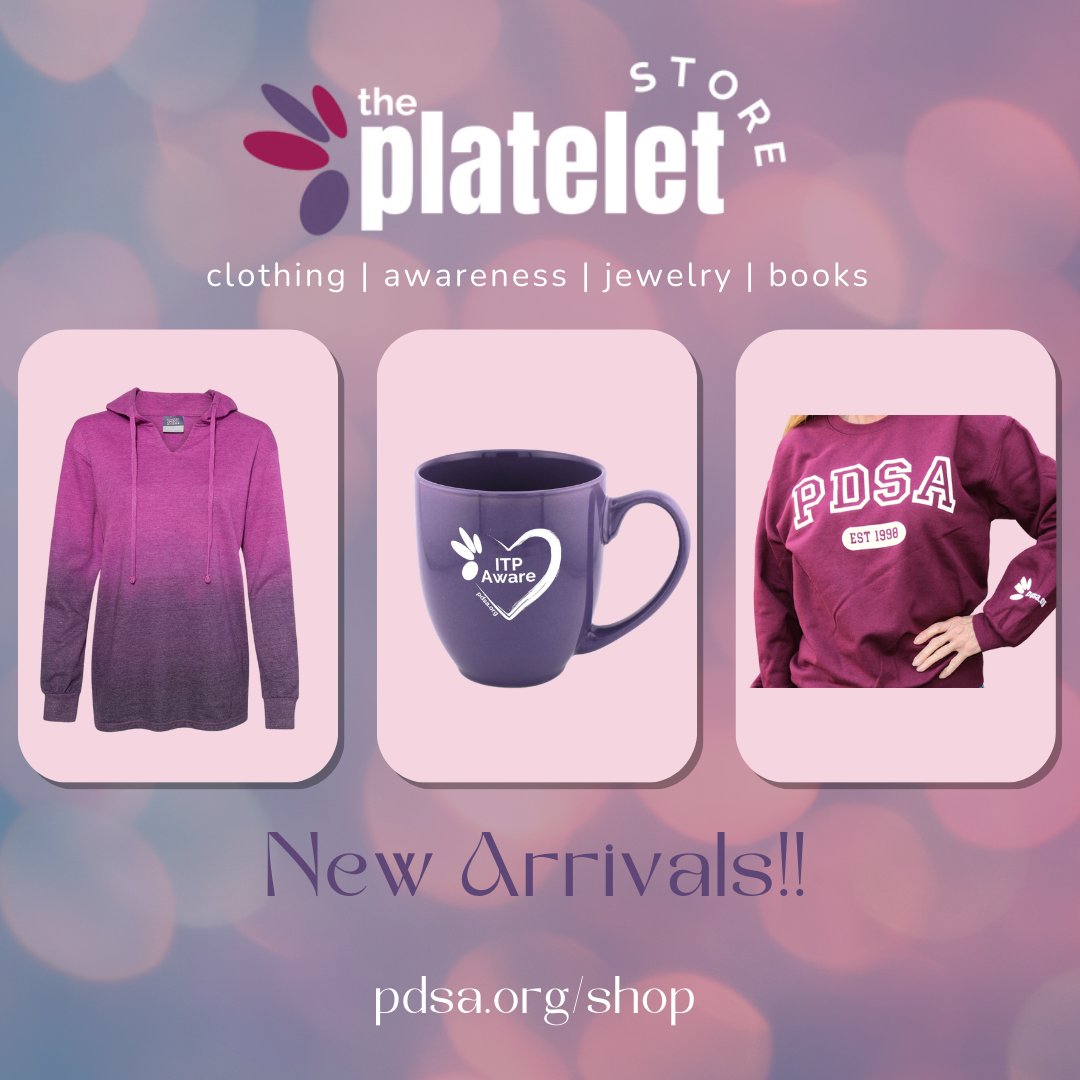 PDSA_ITP's tweet image. New Arrivals at The Platelet Store!
Check out awareness items, medical alert jewelry and more at pdsa.org/shop. Limited stock available so be sure to get them before their gone! #ITP #ThePlateletStore #ITPawareness #SportPurple4Platelets