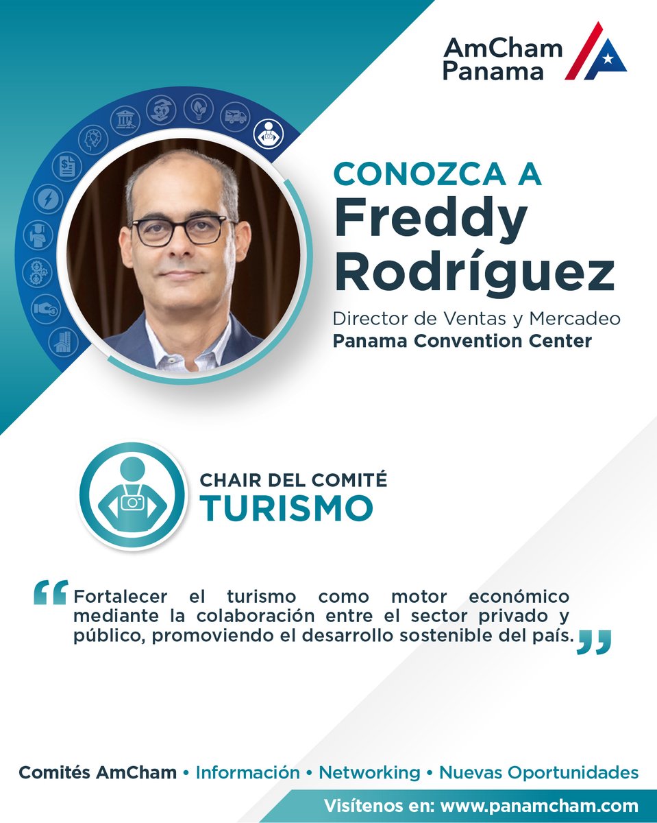 panamcham's tweet image. Conozca al Chair del Comité de Turismo de AmCham Panamá, Freddy Rodríguez, Director de Ventas y Mercadeo de @panamaccenter
Con la experiencia de Rodríguez, este comité fortalecerá los vínculos entre el sector turístico panameño y AmCham y otras organizaciones clave.