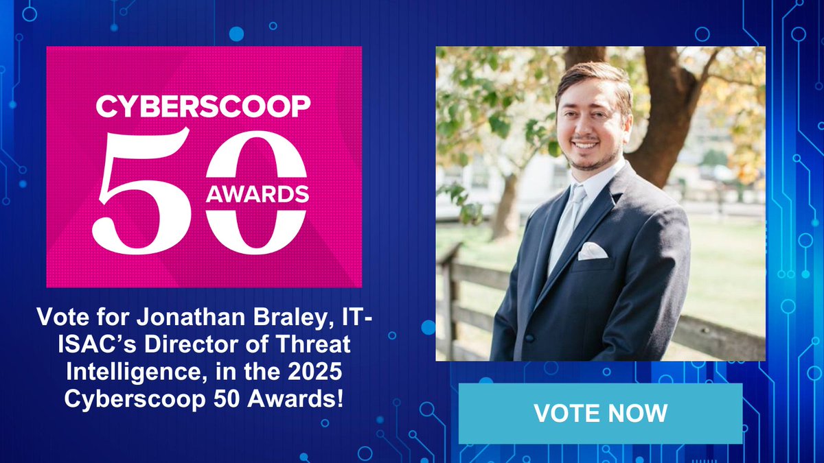 We're honored to announce our Director of Threat Intelligence, Jonathan Braley, has been nominated for the 2025 #CyberScoop50 Awards!

Jonathan is proud to be among a standout group of cybersecurity leaders. See the nominees and vote here: cyberscoop.com/cyberscoop50/

#cybersecurity