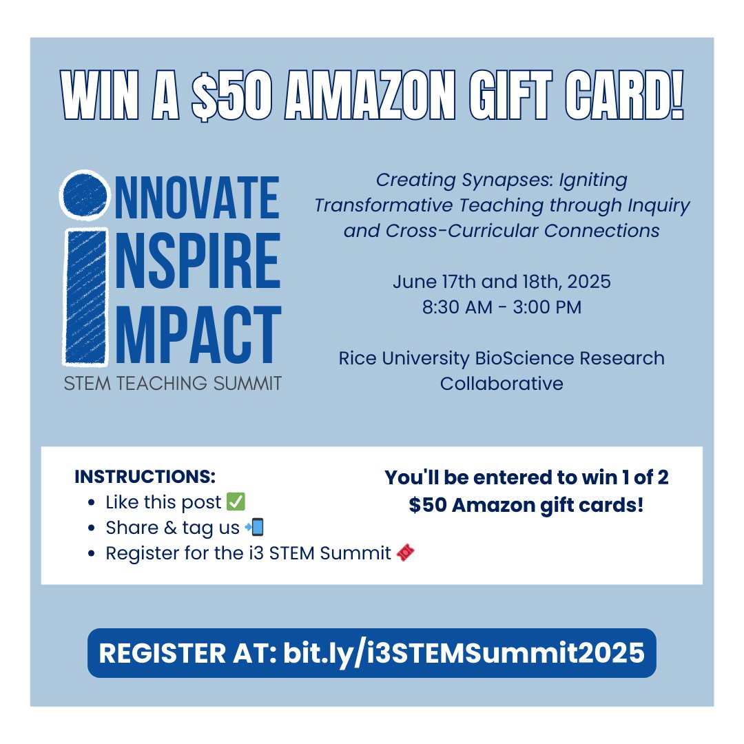 GIVEAWAY TIME!

We’re giving away two $50 Amazon gift cards to celebrate the upcoming i3 STEM Summit — a two-day event focused on innovation, inclusion, and impact in STEM education!

Here’s how to enter:
1. Like this post
2. Share &amp; tag us
3. Register at: bit.ly/i3STEMSummit20…