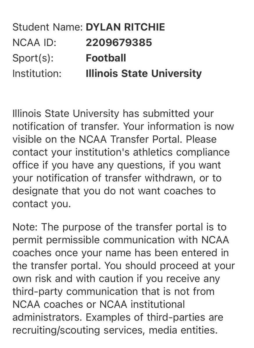 Dylan Ritchie (@dylan61907811) on Twitter photo After talking to coaches and my family I have decided to enter the transfer portal with 4 years of eligibility. <a href="/coach_wwright/">Will Wright</a> <a href="/NCSA_Football/">NCSA_Football</a> <a href="/ncsa/">NCSA College Recruiting</a> <a href="/IndianaPreps/">Indiana Preps</a> <a href="/KohlsHighlights/">Kicking, Punting, Long Snapping Highlights</a> <a href="/ClutchKickingSB/">Clutch Kicking</a> <a href="/KornblueKicking/">Brandon Kornblue</a> <a href="/CoachEppley/">Chad Eppley</a> After talking to coaches and my family I have decided to enter the transfer portal with 4 years of eligibility. <a href="/coach_wwright/">Will Wright</a> <a href="/NCSA_Football/">NCSA_Football</a> <a href="/ncsa/">NCSA College Recruiting</a> <a href="/IndianaPreps/">Indiana Preps</a> <a href="/KohlsHighlights/">Kicking, Punting, Long Snapping Highlights</a> <a href="/ClutchKickingSB/">Clutch Kicking</a> <a href="/KornblueKicking/">Brandon Kornblue</a> <a href="/CoachEppley/">Chad Eppley</a>