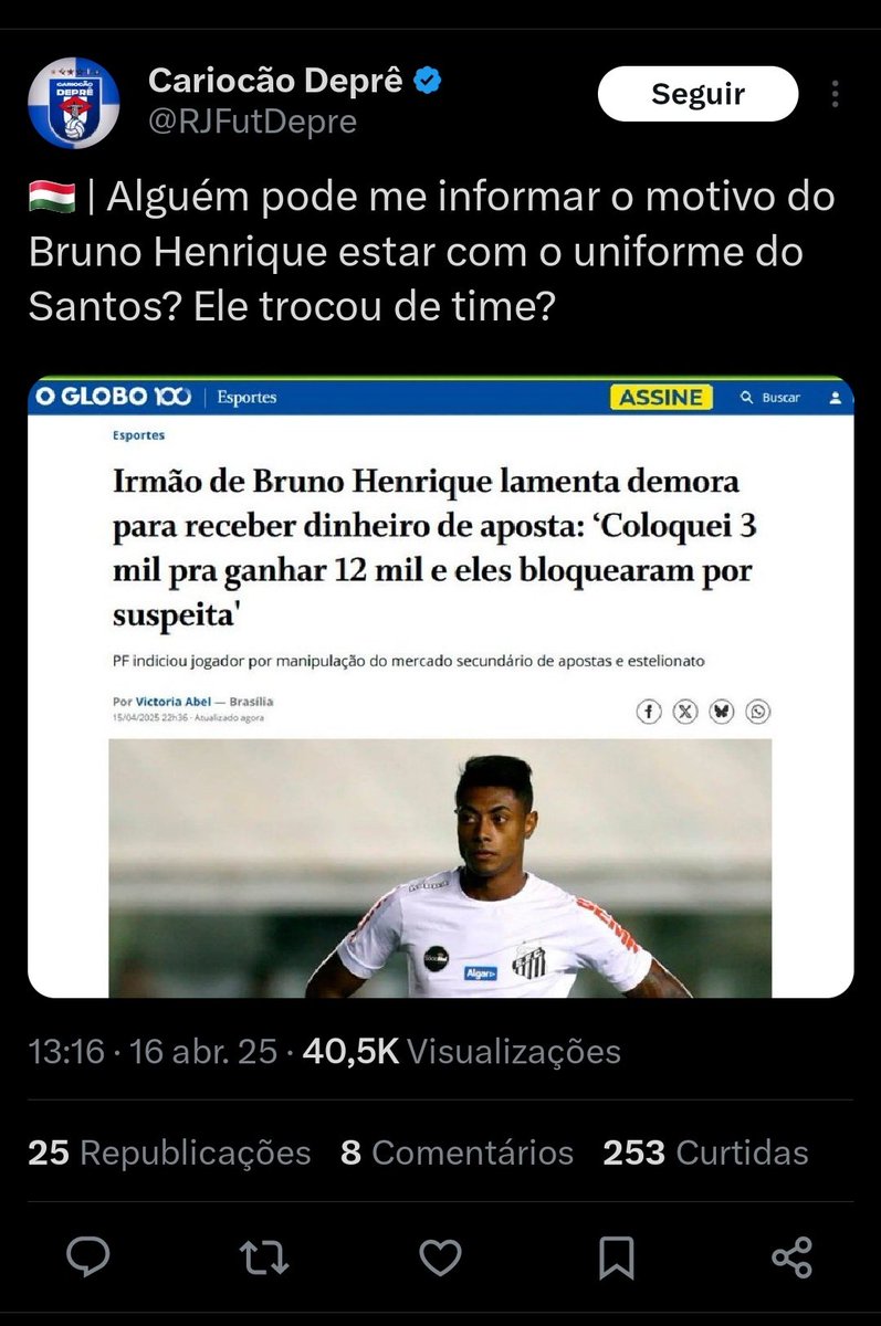 ATENÇÃO: o print que circula de uma matéria do <a href="/JornalOGlobo/">Jornal O Globo</a> sobre o caso Bruno Henrique - ilustrada com uma foto do jogador com a camisa do <a href="/SantosFC/">Santos FC</a> -, é FALSO. 

Desde sua publicação, na noite de terça, a reportagem original tinha imagem de Bruno com a camisa do seu time