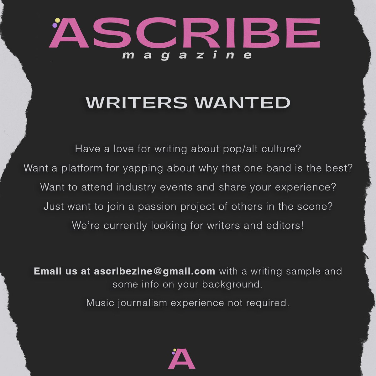 Ascribe Magazine (@ascribemagazine) on Twitter photo ✨Shoot us an email if you’re interested in joining our team as a writer or editor! ✨ ascribezine@gmail.com ✨Shoot us an email if you’re interested in joining our team as a writer or editor! ✨ ascribezine@gmail.com