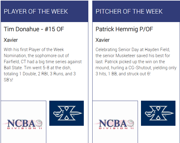 Congratulation to Tim Donahue and Patrick Hemmig (<a href="/XUClubBaseball/">Xavier Club Baseball</a>) on being named Week 20 - West Player and Pitcher of the Week! 

Tim Donahue - .417 Avg, 5 Runs, 10 Hits, 4 RBI (Season)

Pat Hemmig - 2-1, 15 1/2 IP, 11 K's (Season)