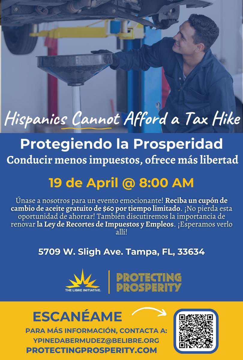 We're excited to invite you to our #ProtectingProsperity "Drive less Tax, More Freedom" event! Swing by and grab a $60 oil change certificate while supplies last. Plus, join the conversation on why renewing the Tax Cuts and Jobs Act is crucial for our prosperity. #BeLIBRE 🚗 🗽