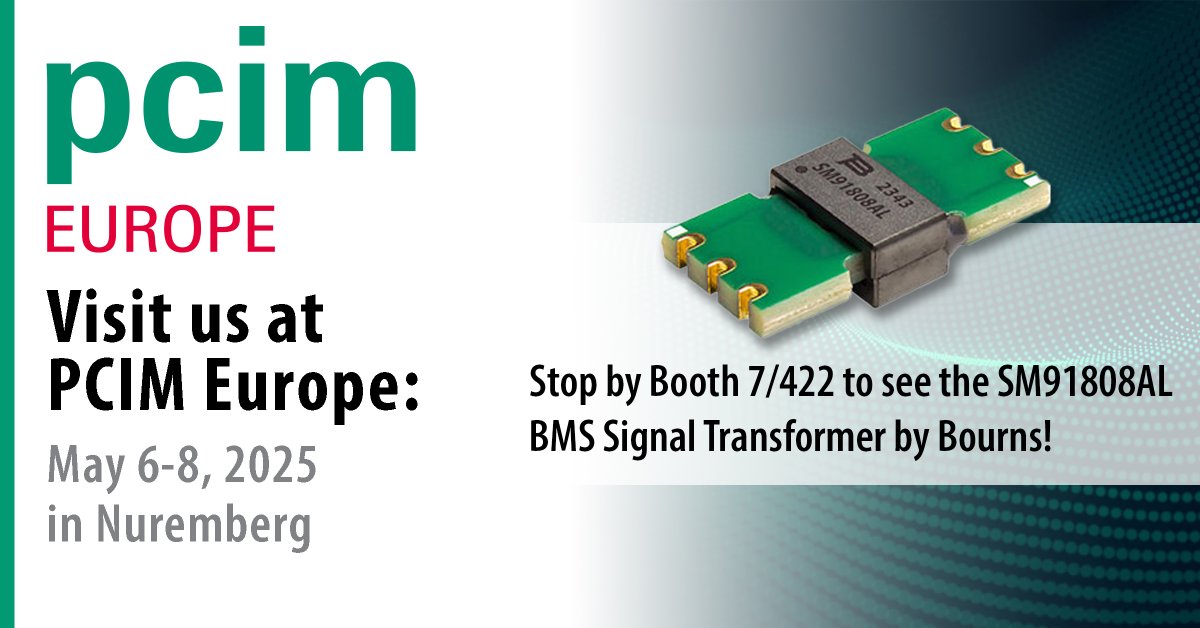 Bourns's tweet image. Ever wondered how EVs achieve isolation in smaller battery systems? See our SM91808AL BMS Transformer at PCIM Europe (May 6-8)! Ultra-low 3.5mm profile with 4300VDC isolation. Visit booth 7/422 to discover the planar technology revolution! #PCIM2025 #EVTechnology