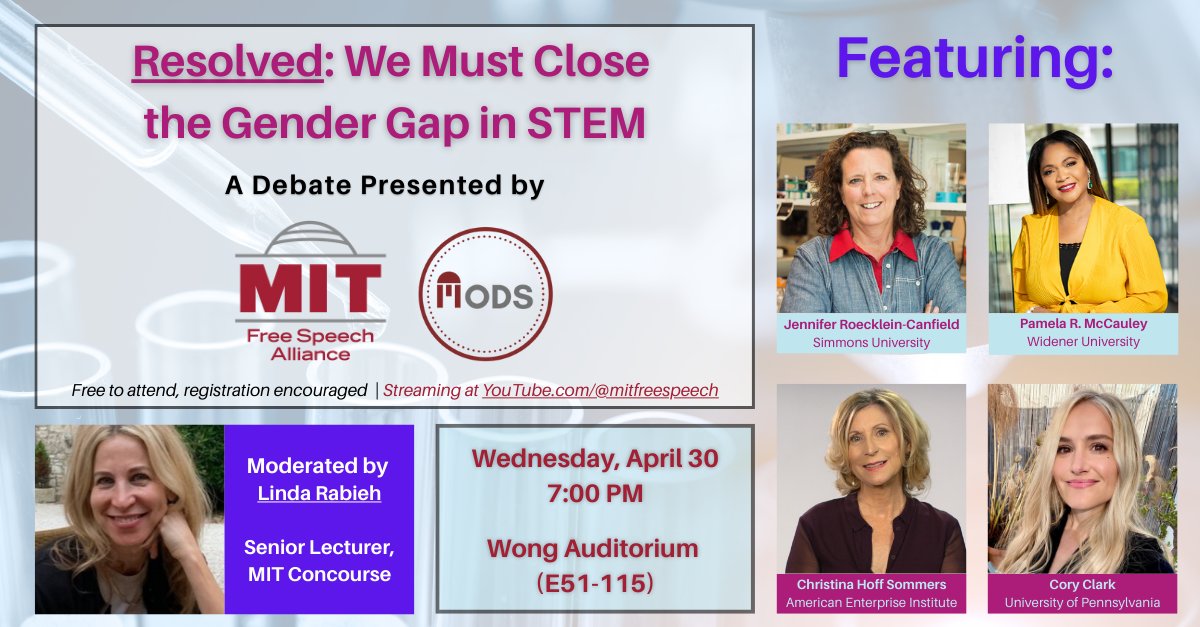 MIT Free Speech Alliance (@mitfreespeech) on Twitter photo Our debate on closing the gender gap in STEM is two weeks from today! Excited to have <a href="/CHSommers/">Christina Hoff Sommers</a> and <a href="/ImHardcory/">Cory Clark</a> among our great lineup of scholars and practitioners. We hope to see you there, and we'll be streaming it on our YouTube channel as well! (Details in next post.) Our debate on closing the gender gap in STEM is two weeks from today! Excited to have <a href="/CHSommers/">Christina Hoff Sommers</a> and <a href="/ImHardcory/">Cory Clark</a> among our great lineup of scholars and practitioners. We hope to see you there, and we'll be streaming it on our YouTube channel as well! (Details in next post.)