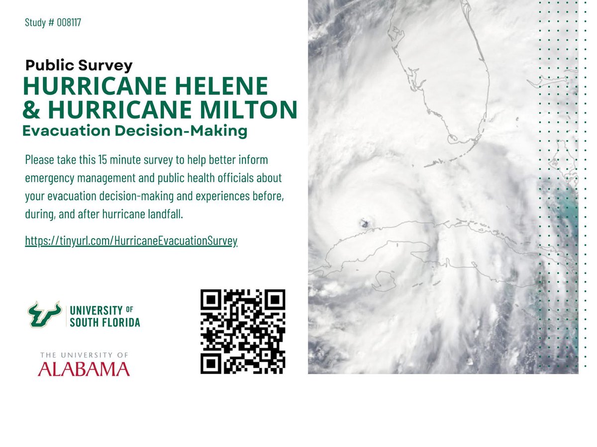 #PublicSurvey: Did you have to make a decision to evacuate or stay at home due to #Hurricane Helene or Milton? Please visit the following link to complete the survey and see the graphic for more details: tinyurl.com/HurricaneEvacu… #Florida #HurricaneHelene #HurricaneMilton