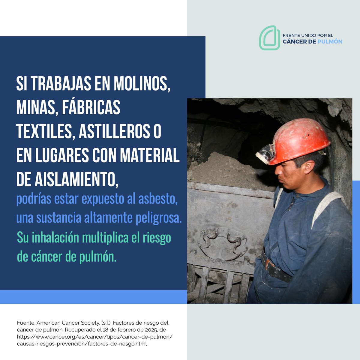 Si te encuentras trabajando en lugares como molinos, minas, fábricas textiles, astilleros o con material de aislamiento, podrías estar exponiéndote al asbesto, que es altamente peligroso.

Su inhalación aumenta el riesgo de desarrollar #CáncerDePulmón.

¡Cuidemos de nuestra