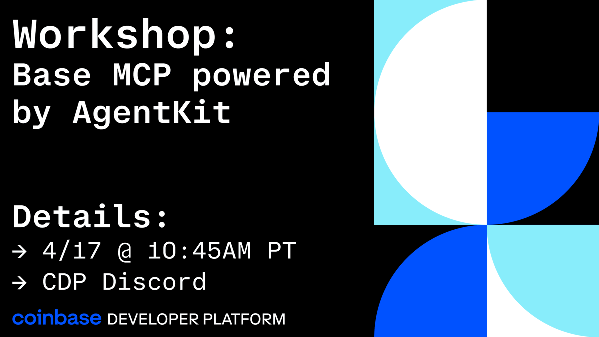Workshop alert. 🔧

Learn how to build &amp; deploy onchain AI agents powered by AgentKit using <a href="/base/">Base</a> MCP and <a href="/Replit/">Replit ⠕</a> with <a href="/mattyp/"></a>.

Happening tomorrow, 4/17 at 10:45 AM PT, event info below. ↓