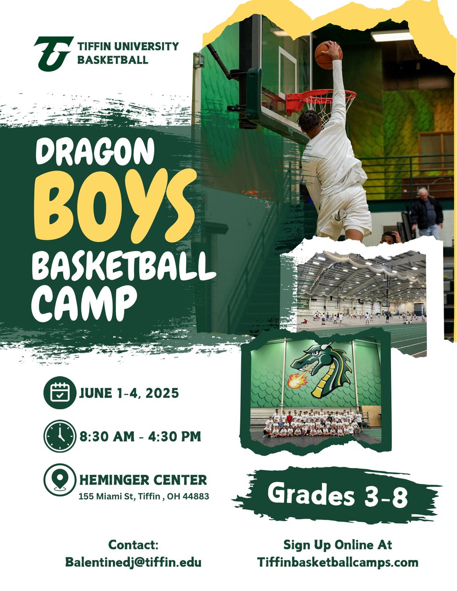 IT’S BACK 🏀🐉
Tiffin’s Dragon Boys Basketball Camp returns this summer! Can’t wait to hit the court with familiar faces and new ballers.

Register now: tiffinbasketballcamps.com