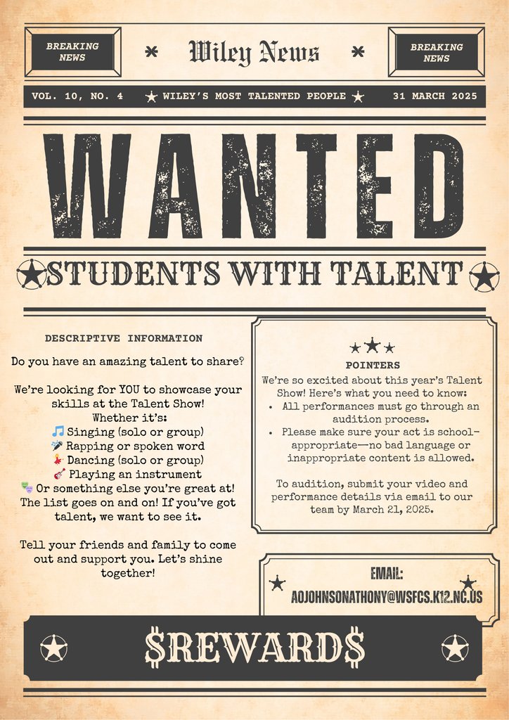 We are excited about the upcoming Wiley's Got Talent showcase on Monday, April 21st. This event was rescheduled from  March 31st. The showcase will begin <a href="/5/">Reserved</a>:30pm, but participants are asked to arrive by 5pm. Doors open at 5:15pm.
