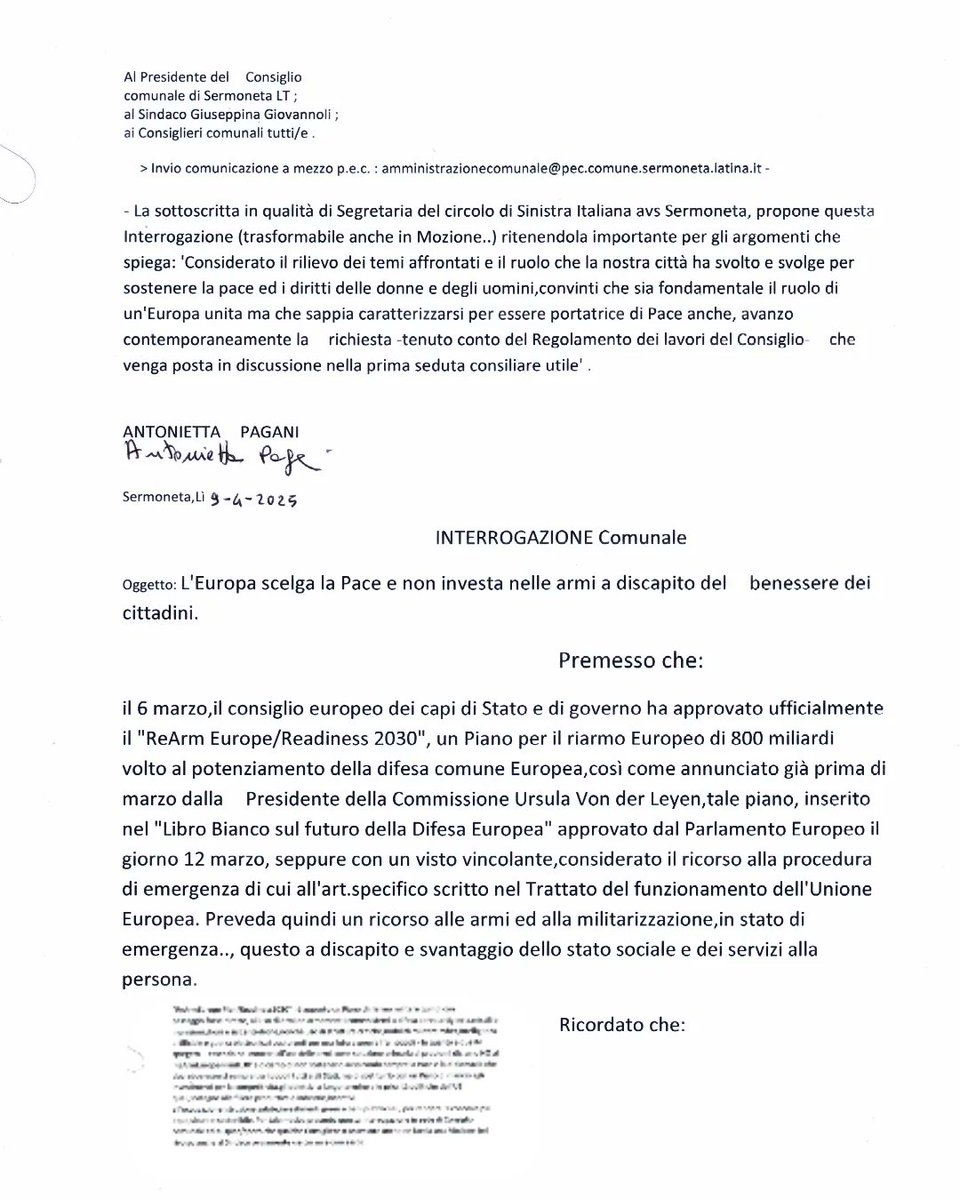 DrAntoniaPagani's tweet photo. 🔷️Istanza sulla Pace🏳️‍🌈🇪🇺📃▪️contro il riarmo ReArmEurope/planR30 - in proposito presentata Interrogazione Com. prot.n5652 dell'11.4.25 in Comune - #Sermoneta LT -- https://t.co/fxU68e1yjK https://t.co/j1aqwjkzNR