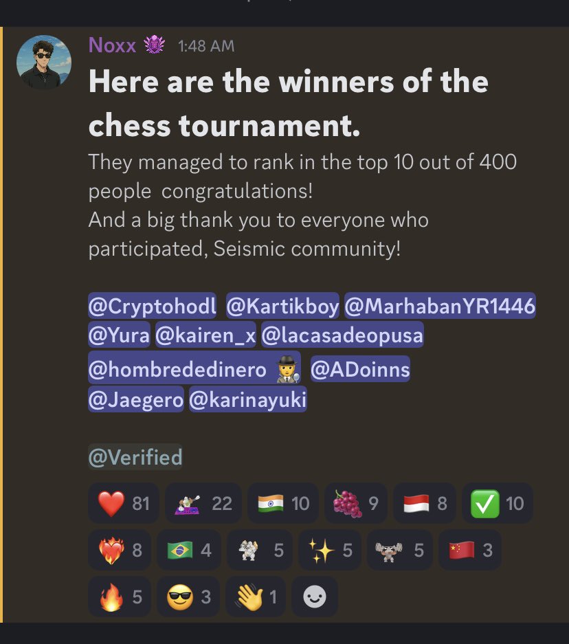 GMIC 🤎

Congrats to the top 10 winners in our chess tournament. 
Thanks to everyone who joined in. The <a href="/SeismicSys/">Seismic</a> community is amazing 🙌🏻

<a href="/noonne_art/">Noxx</a> <a href="/xealistt/">Xealist</a> <a href="/fcksjkh/">4ryann</a> <a href="/nftzella/">ZELLA⨀</a>