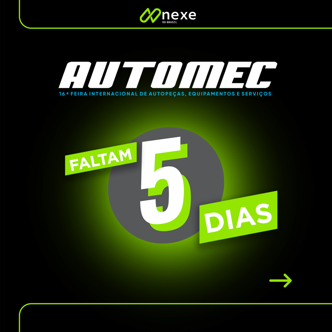 nexedobrasil's tweet image. Faltam 5 dias para a Automec 2025! Vem aí o maior evento de autopeças da AL! Visite a Nexe do Brasil e confira nossas soluções. De 22 a 26/04 no São Paulo Expo – Stand F190 - Rua F. Contagem regressiva ativada! #NexeDoBrasil #Automec2025 #Faltam5Dias