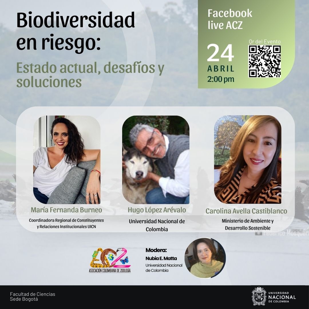 Biodiversidad en riesgo: Estado actual, desafíos y soluciones- 
Únete a este espacio de reflexión y análisis sobre el estado de la biodiversidad en nuestra región.

🗓 Fecha: 24 de abril
🕒 Hora: 2:00 p.m.
📍 Transmisión en vivo por Facebook Live ACZ