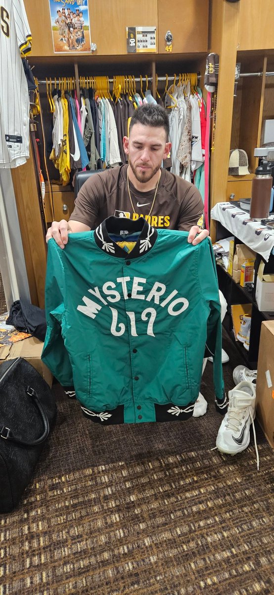 MartyCaswell's tweet photo. . @reymysterio dropped off this custom jacket for several of the #Padres players https://t.co/zsEh8cYGcw