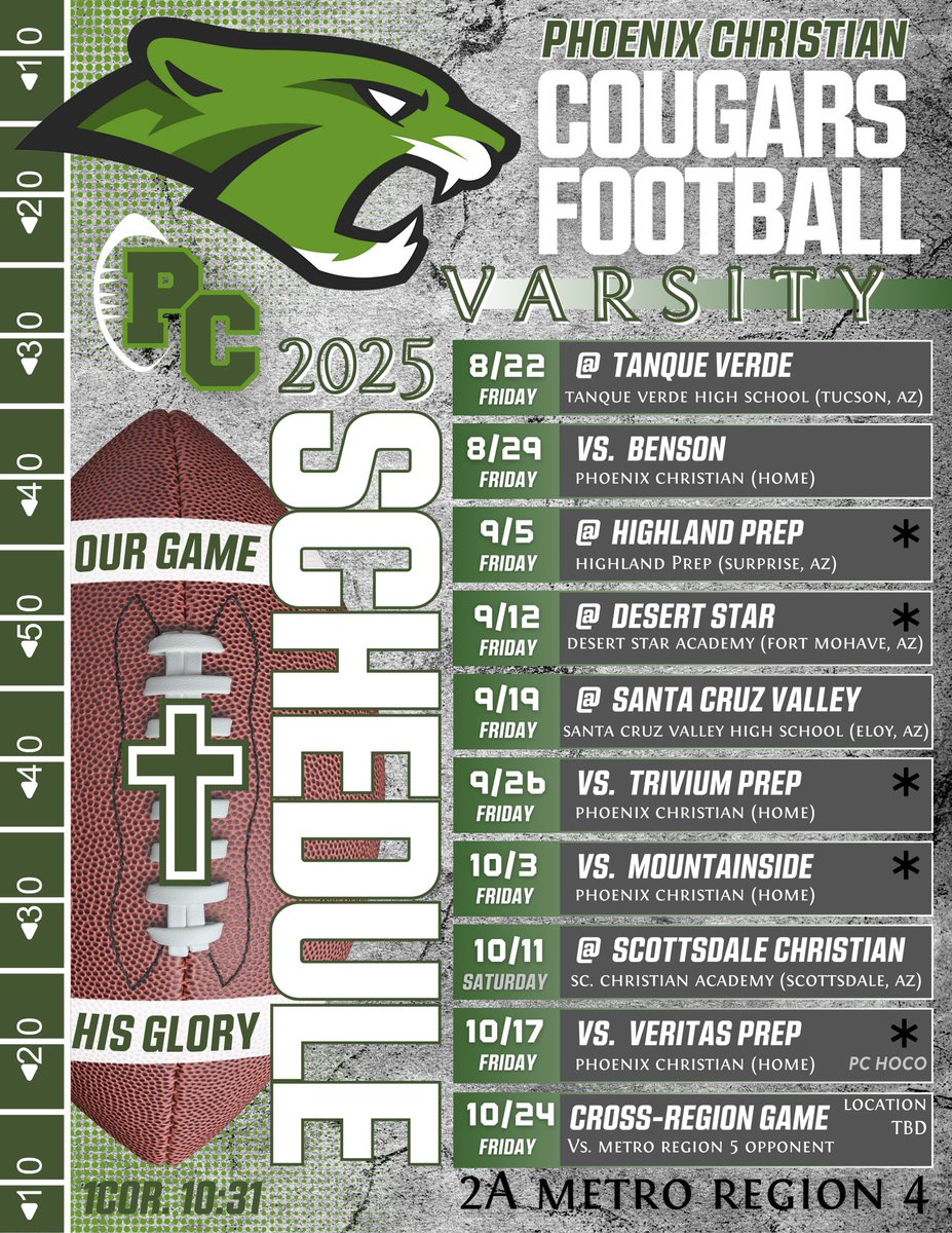 🏈 2025 Phoenix Christian Varsity Football Schedule
#OurGameHisGlory