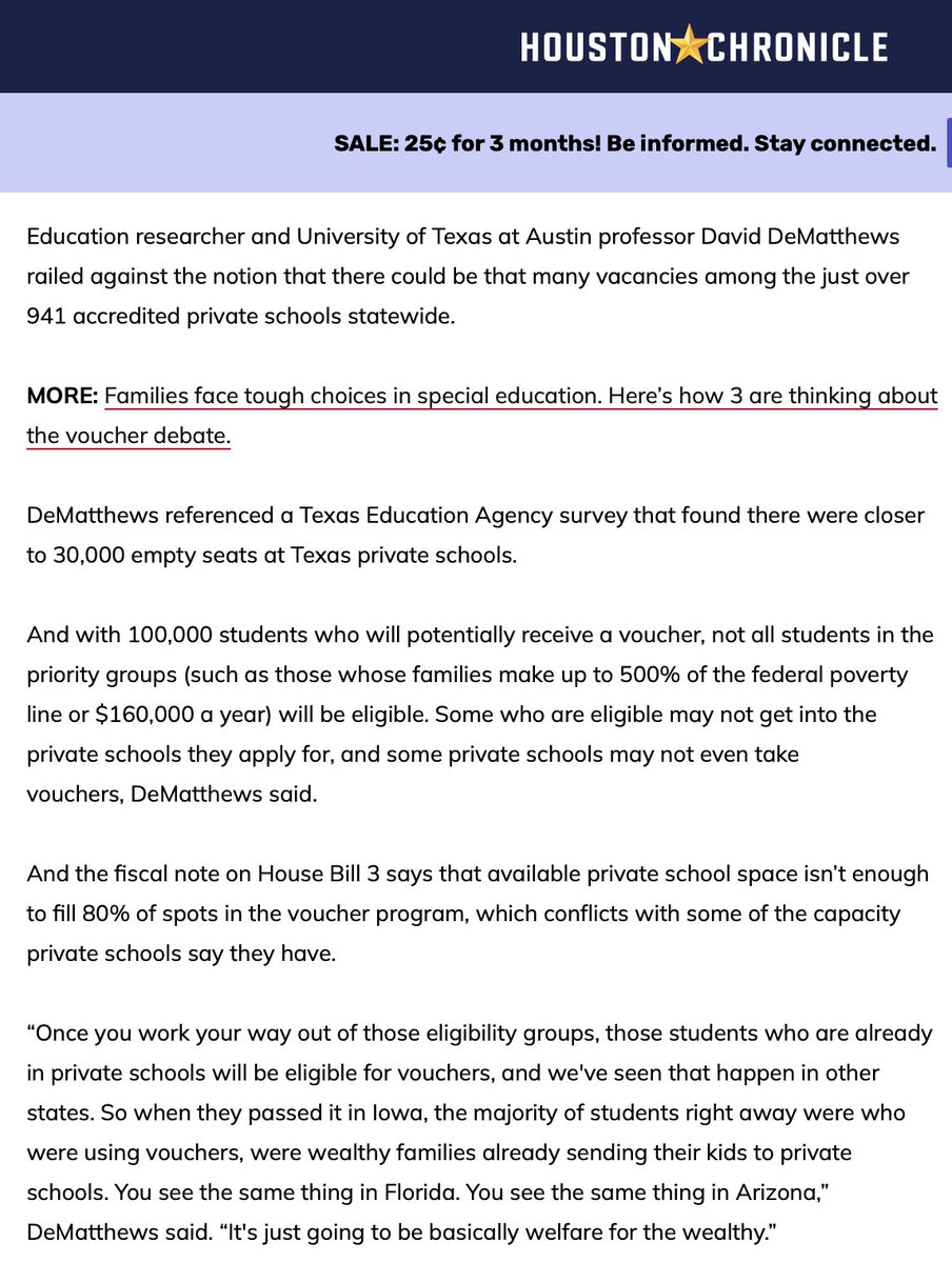 DrDeMatt's tweet image. The voucher hustle - say you are prioritizing marginalized groups knowing full well very few if any will be admitted to private schools. @AFTunion @DianeRavitch @pastors4txkids @DiegoBernalTX @GinaForAustin @DiegoBernalTX @VikkiGoodwinTX #txlege
houstonchronicle.com/news/houston-t…