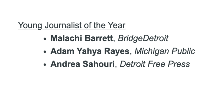 PolarBarrett's tweet image. Humbled to be considered for this @SPJDetroit honor, even more so to be in the company of @andreamsahouri and @RayesReports -- sharp and hard working reporters who deserve your attention and support