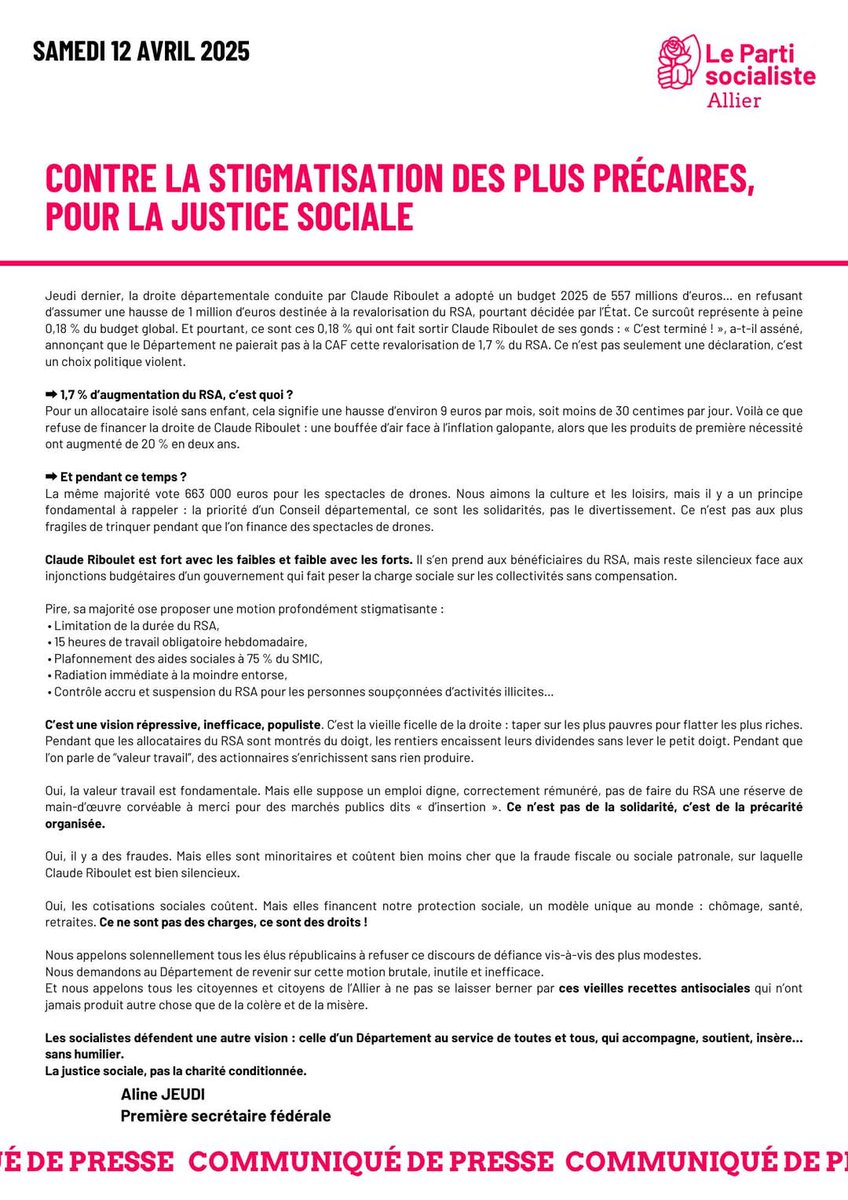 👇Retrouvez mon cp en réaction au refus de la droite départementale conduite par Claude #RIBOULET d'appliquer la revalorisation du RSA et sa motion populiste ‼ ✅Contre la stigmatisation des plus précaires, pour la justice sociale !
<a href="/partisocialiste/">Parti socialiste</a> <a href="/lamontagne_fr/">La Montagne</a> #RSA #Allier