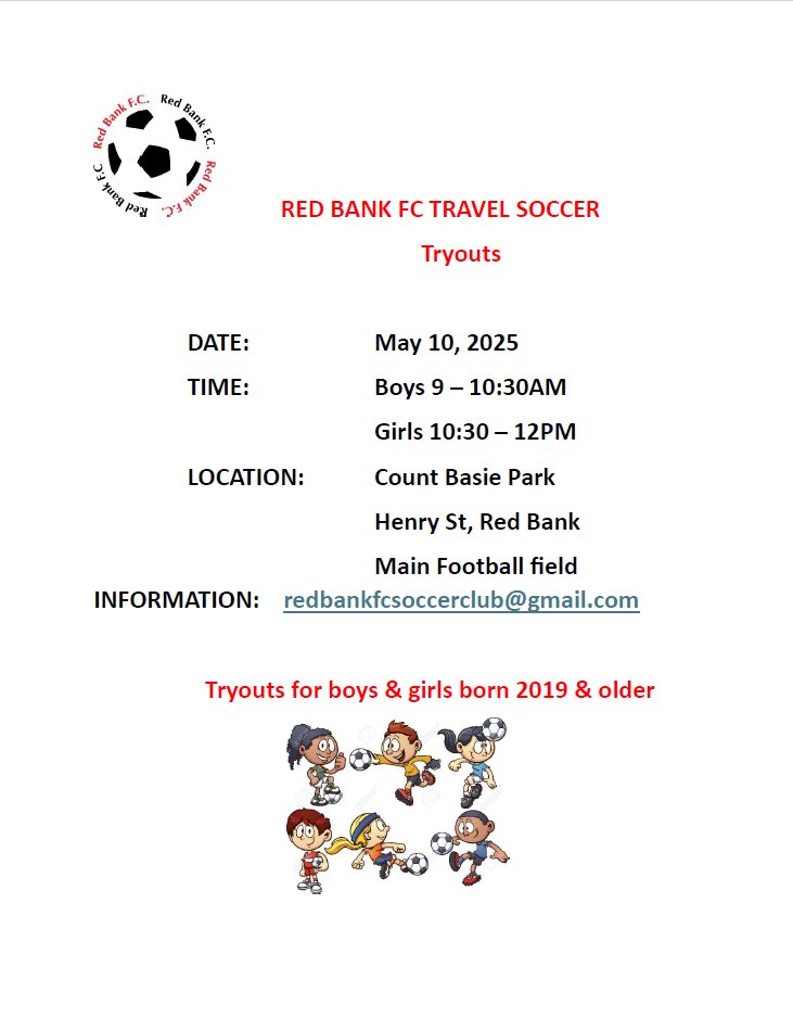 Red Bank Recreation (@rbparksandrec) on Twitter photo ⚽Looking for a travel soccer team for your child?
Red Bank FC will be having tryouts on May 10th!
Tryouts will be at Count Basie Park
9:00 AM - 10:30 AM for boys
10:30 AM -12 PM for girls
For more info, please contact redbankfcsoccerclub@gmail.com ⚽Looking for a travel soccer team for your child?
Red Bank FC will be having tryouts on May 10th!
Tryouts will be at Count Basie Park
9:00 AM - 10:30 AM for boys
10:30 AM -12 PM for girls
For more info, please contact redbankfcsoccerclub@gmail.com