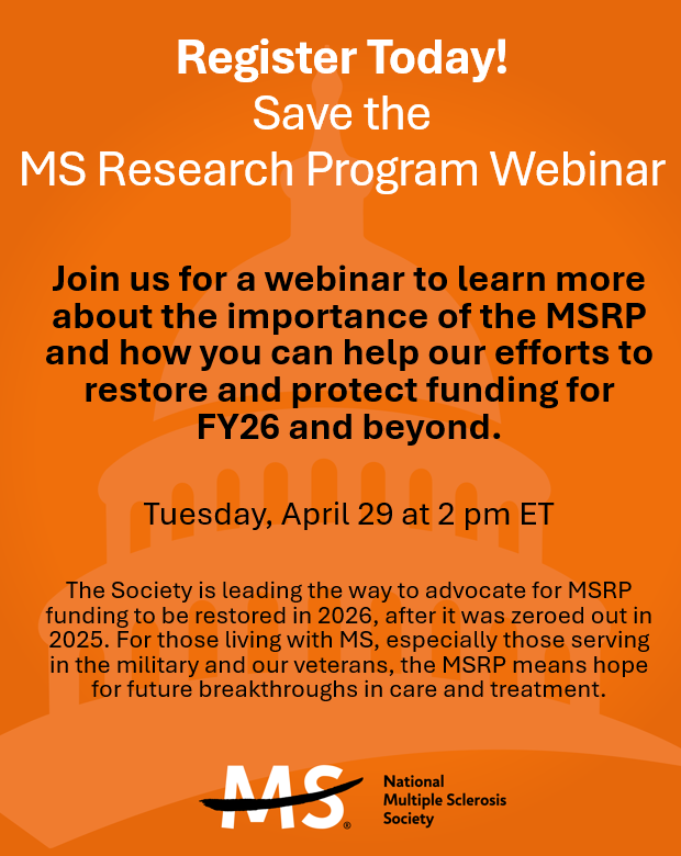 Reminder! Calling all MS Activists to register here for the "Save the MS Research Program" Webinar! Learn more about CDMRP funded research: nmss.quorum.us/event/23043/