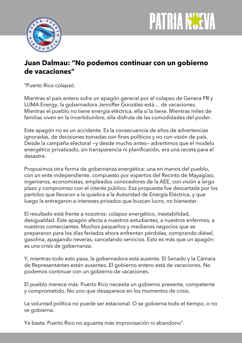 Expresiones de Juan Dalmau, ante el apagón masivo que dejó sin energía eléctrica a todo Puerto Rico el Miércoles Santo.