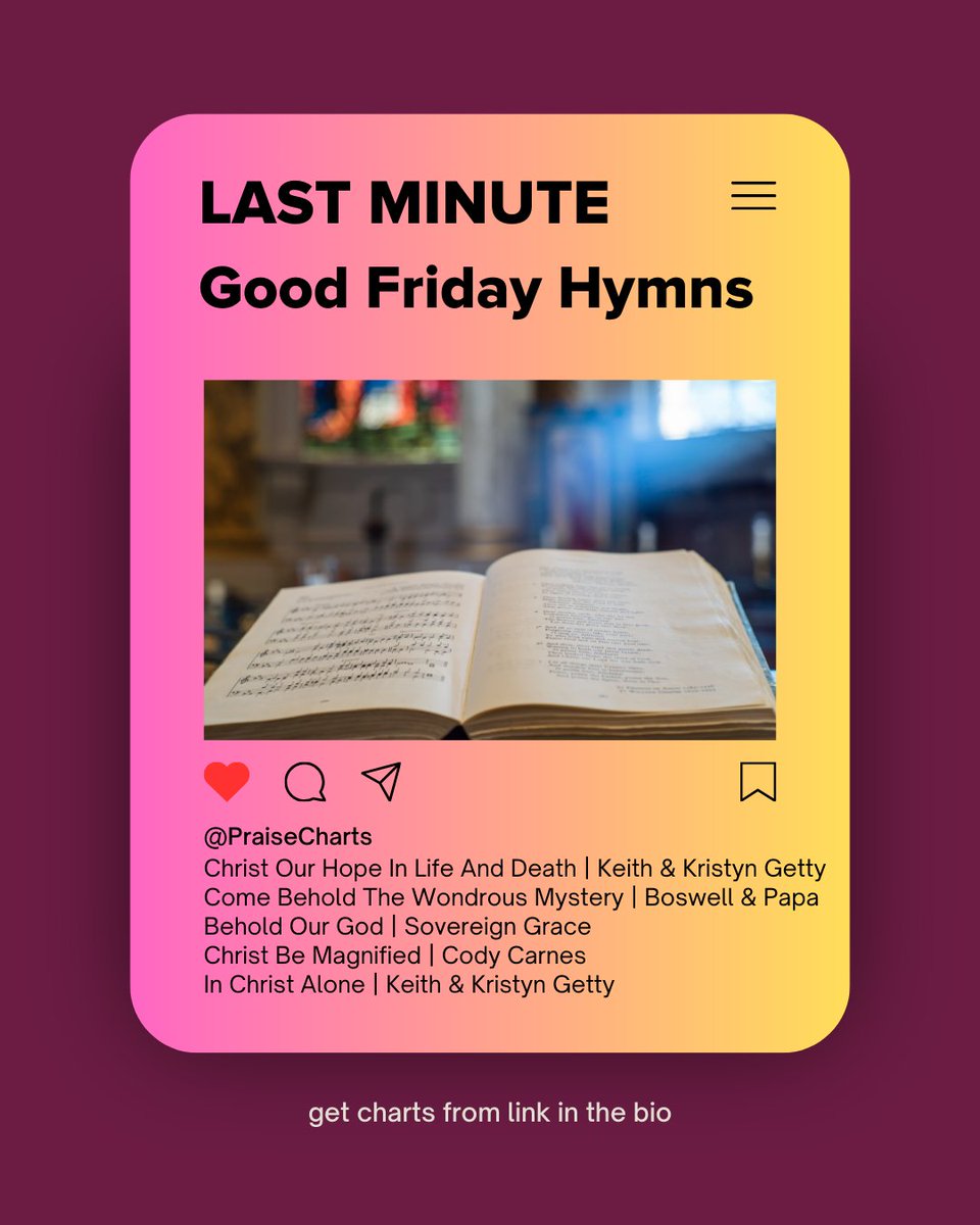 praisecharts's tweet image. 🕊️ The message of the cross
Browse ready-to-play Good Friday hymns that stir hearts and center our focus on Christ.
🎧 Preview &amp;amp; download now: 
praisecharts.com/song-lists/top…

#GoodFridaySongs #CrossOfChrist #ChurchWorship