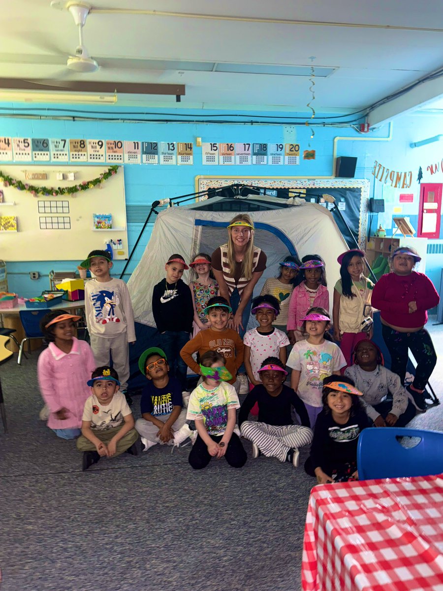 _Miss_McCabe's tweet photo. So glad I got to join Miss S's Kindergarten Class for their Camping Day ⛺️ They made s'mores, read with flashlights in the tent, decorated their own visors, and got camping themed goodie bags! Thanks, Ms. S for a memorable day the kids had a blast! 🧡 @CubsKp24 #Cubs24 #WTSD1 https://t.co/ZchqU46dyQ