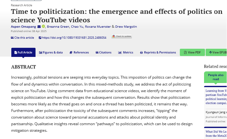 JITP_APSA's tweet photo. How does politicization affect science videos on #YouTube? Results show that conversation length, politicization, &amp; comment toxicity are impactful, &amp; 4 politicization pathways are identified.
@CornellInfoSci @BreannaEGreen @NorthwesternU @drewmargolin
👀https://t.co/o2uFHhTIHU https://t.co/4bXgBuOys5