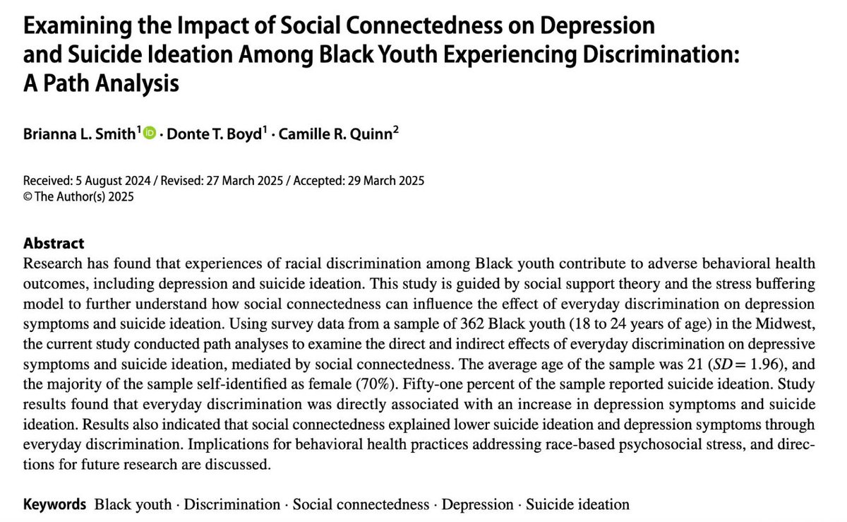 New Article: The study found that social connectedness mediated the negative effects of discrimination, reducing depression and suicidal ideation among Black youth in the Midwest.