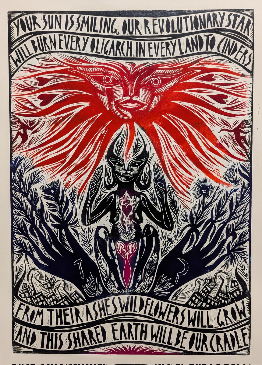 Revolutionary Spring 

Linocut 60cm x 40cm

Ar gael yma, available here 
cottageindustrycymru.com